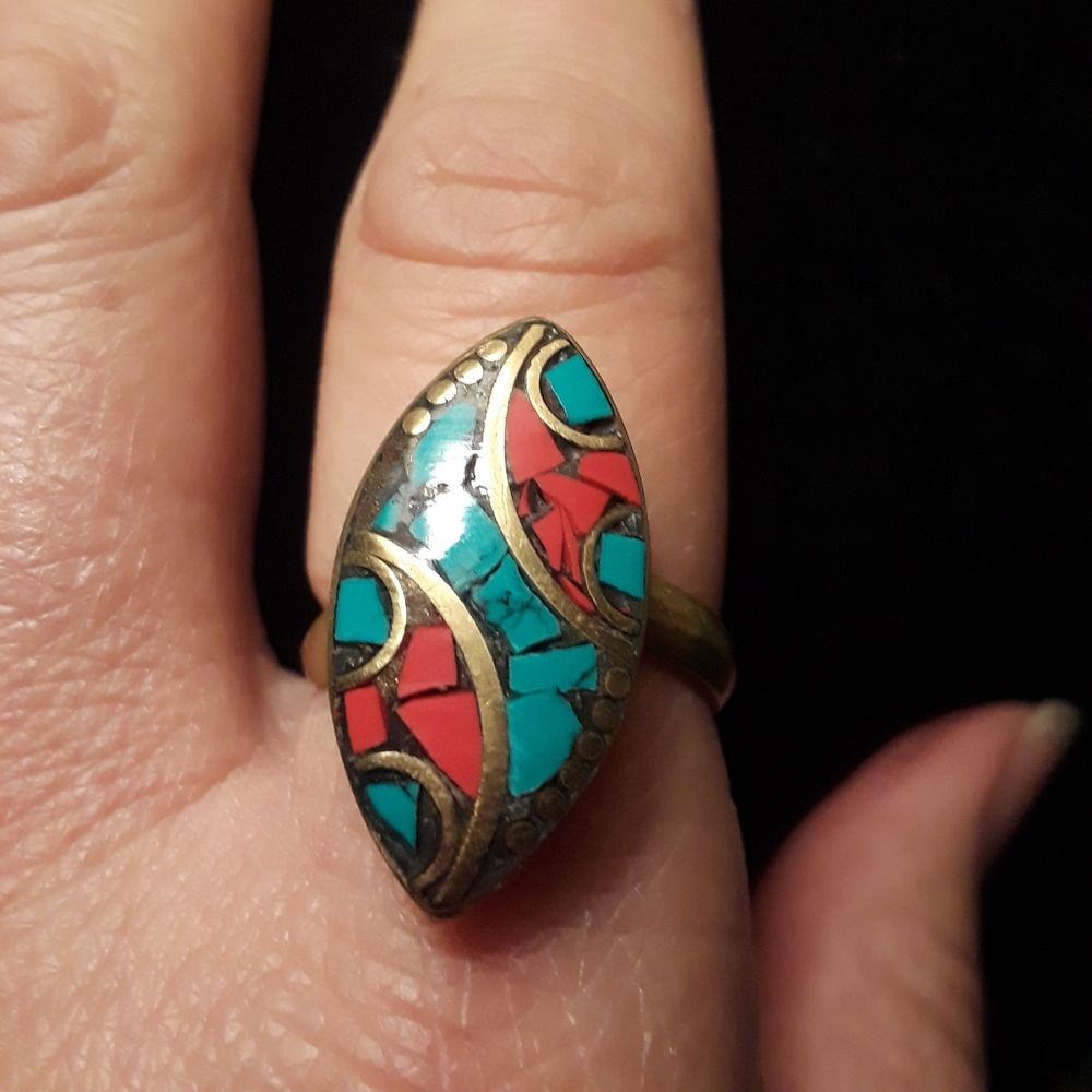 Coral, Turquoise and brass ring  3 4 $30